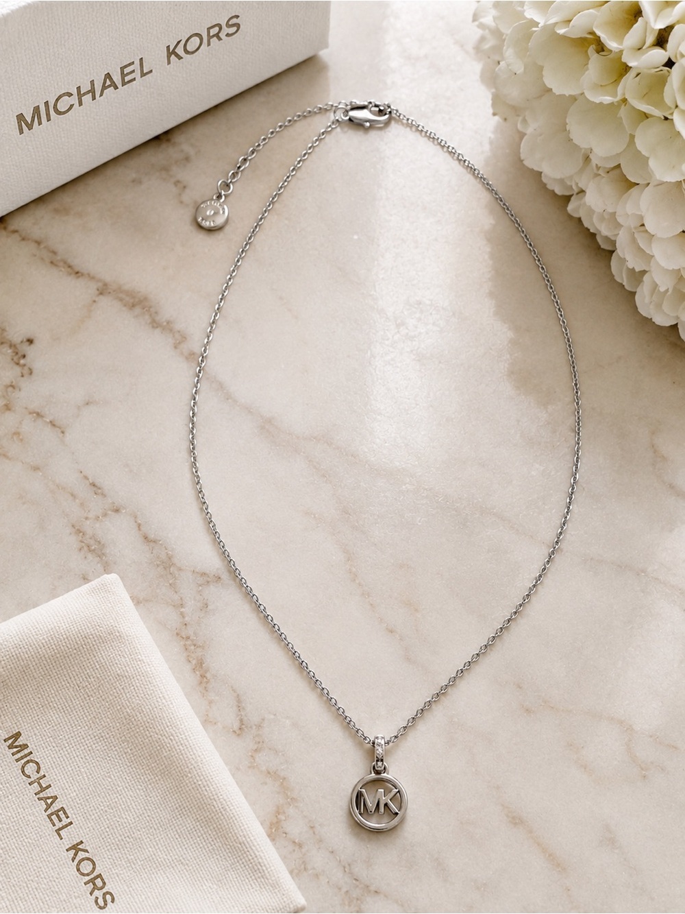 Michael Kors Silver MK Circle Pendant Necklace